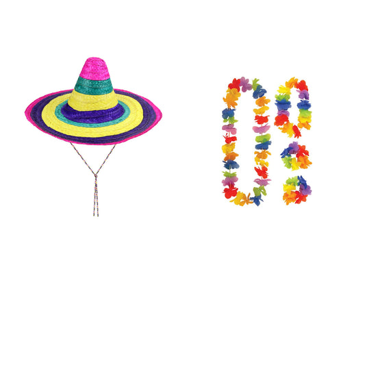 Exact products included in Multicoloured Straw Sombrero & 4 Piece Hawaiian Lei Set – 5 Piece Party Bundle