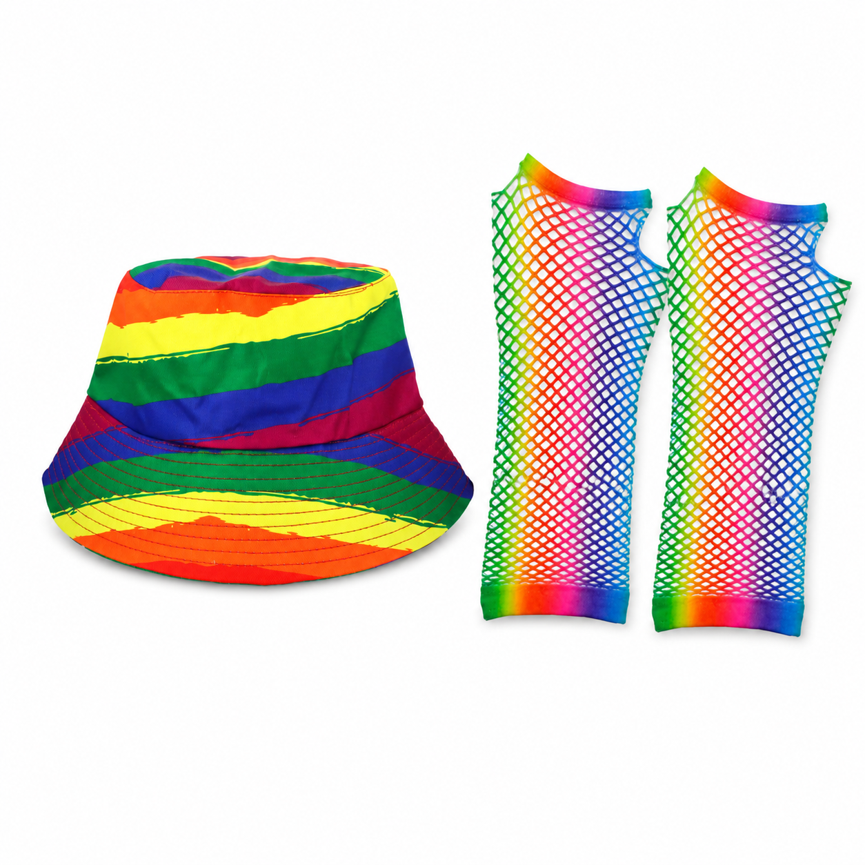 Rainbow Pride Bucket Hat and Rainbow Mesh Fingerless Gloves 2 Piece Set