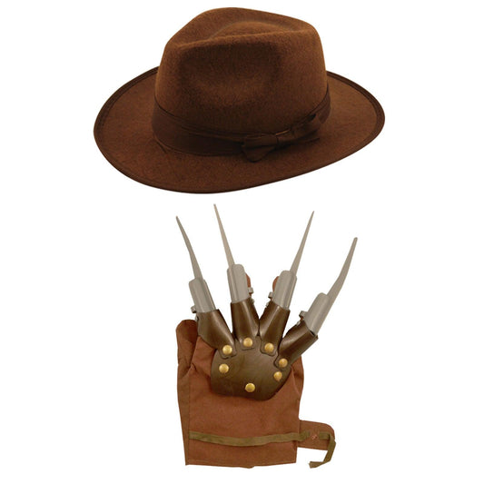 Explorer Hat Brown Claw Hand Glove Freddy Style Adults Unisex Halloween Fancy Dress Party Explorer Costume Set - Labreeze