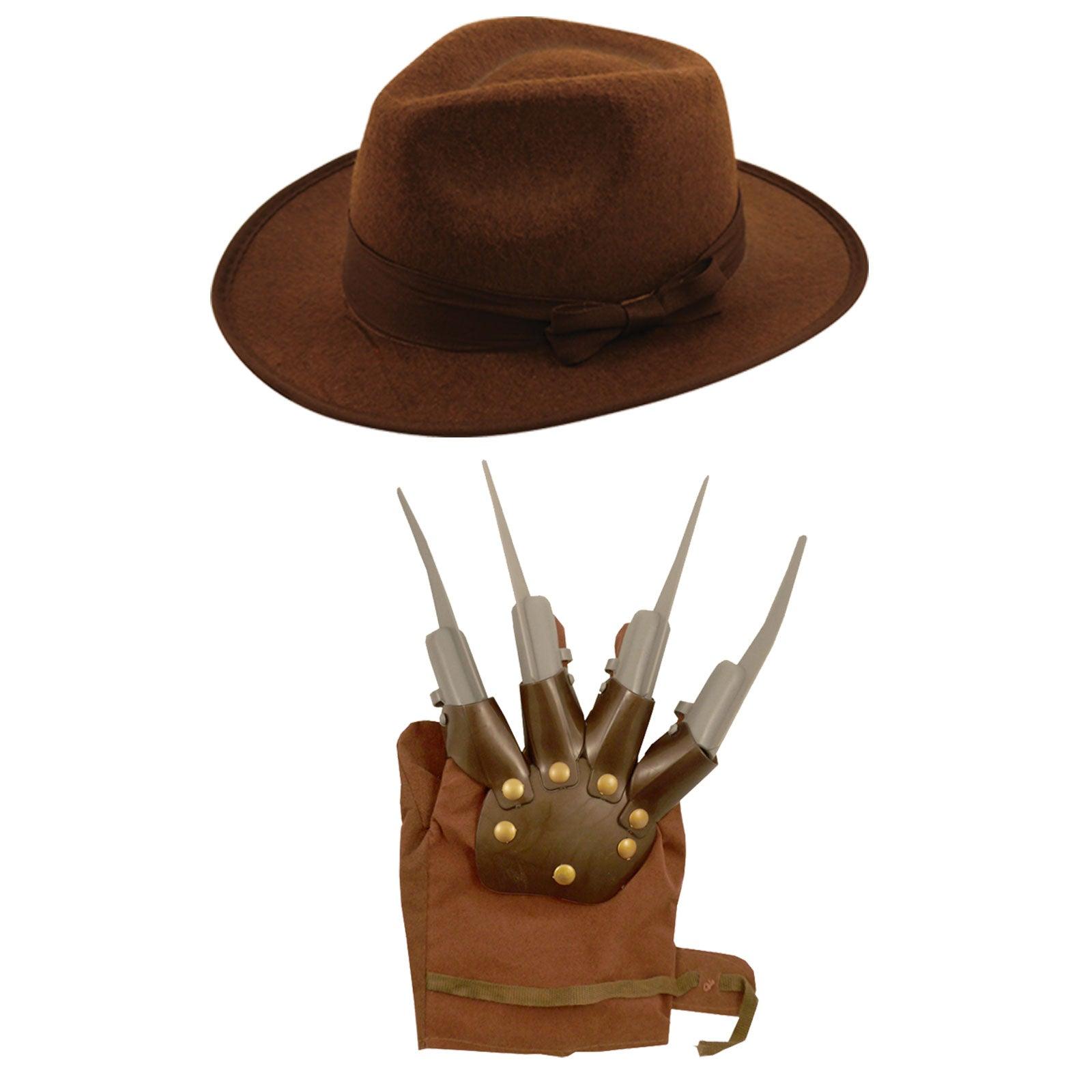 Explorer Hat Brown Claw Hand Glove Freddy Style Adults Unisex Halloween Fancy Dress Party Explorer Costume Set - Labreeze