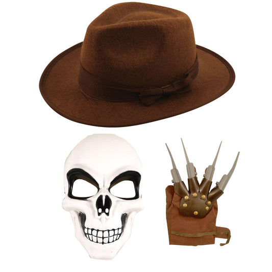 Explorer Hat Skeleton Mask Hand Claw Glove Halloween Adults Haunted Jungle Explorer Fancy Dress Set - Labreeze