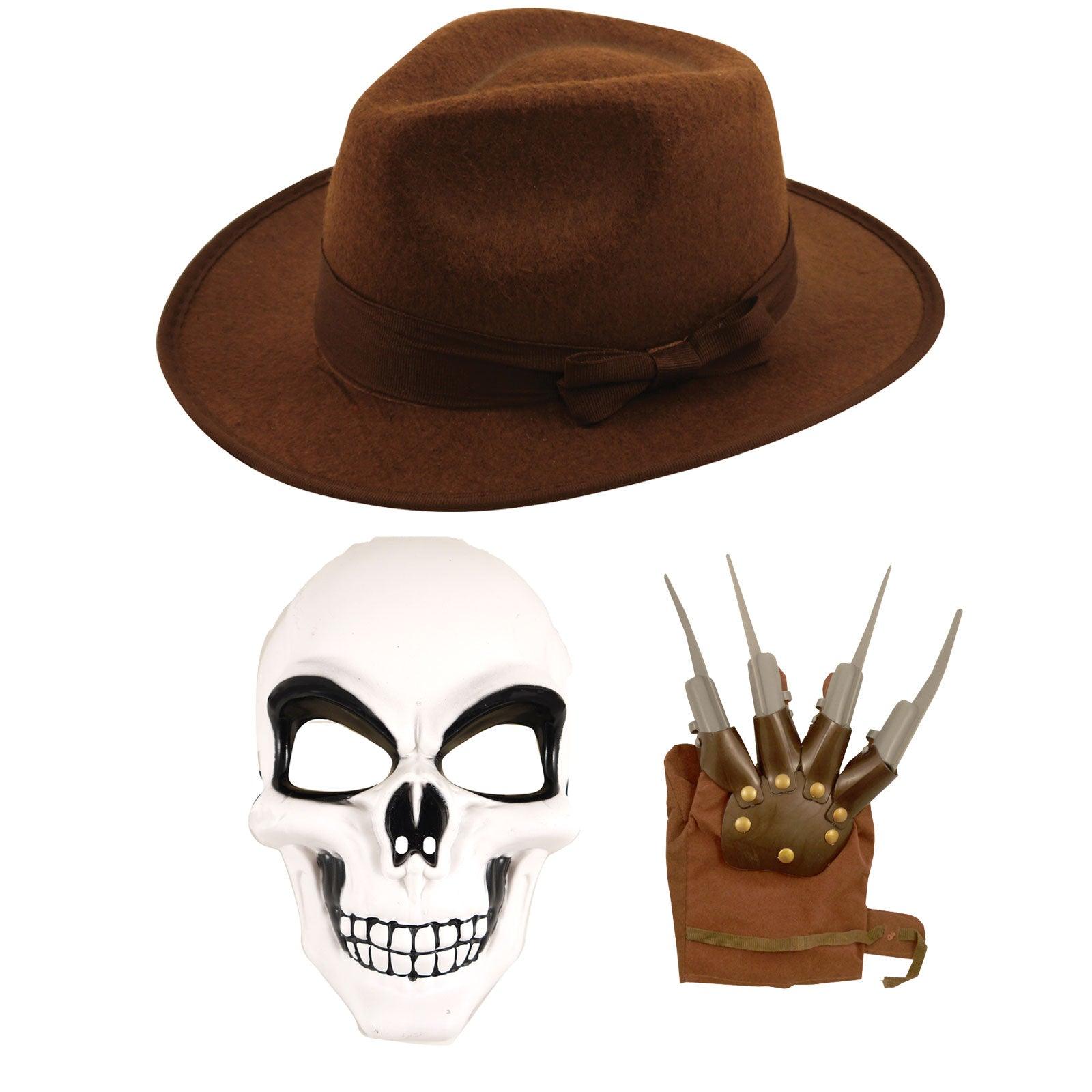 Explorer Hat Skeleton Mask Hand Claw Glove Halloween Adults Haunted Jungle Explorer Fancy Dress Set - Labreeze