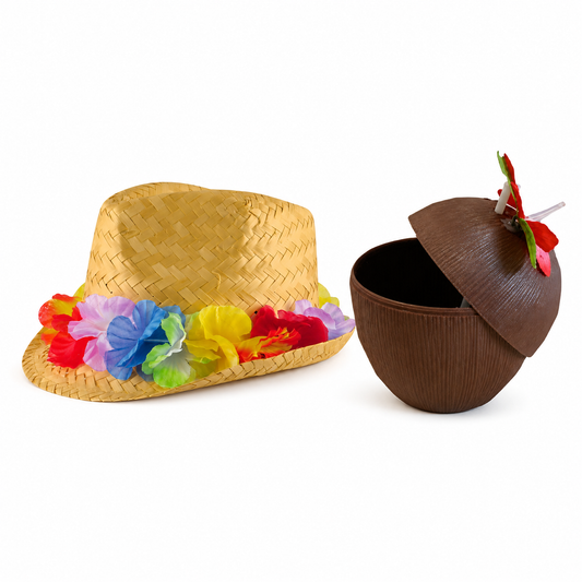 Flower band straw hat and coconut cup set