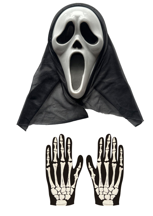 Ghost Killer Hooded Scream Mask and Adults Skeleton Gloves with Bone Print - Halloween Horror Day of the Dead Fancy Dress Set - Labreeze