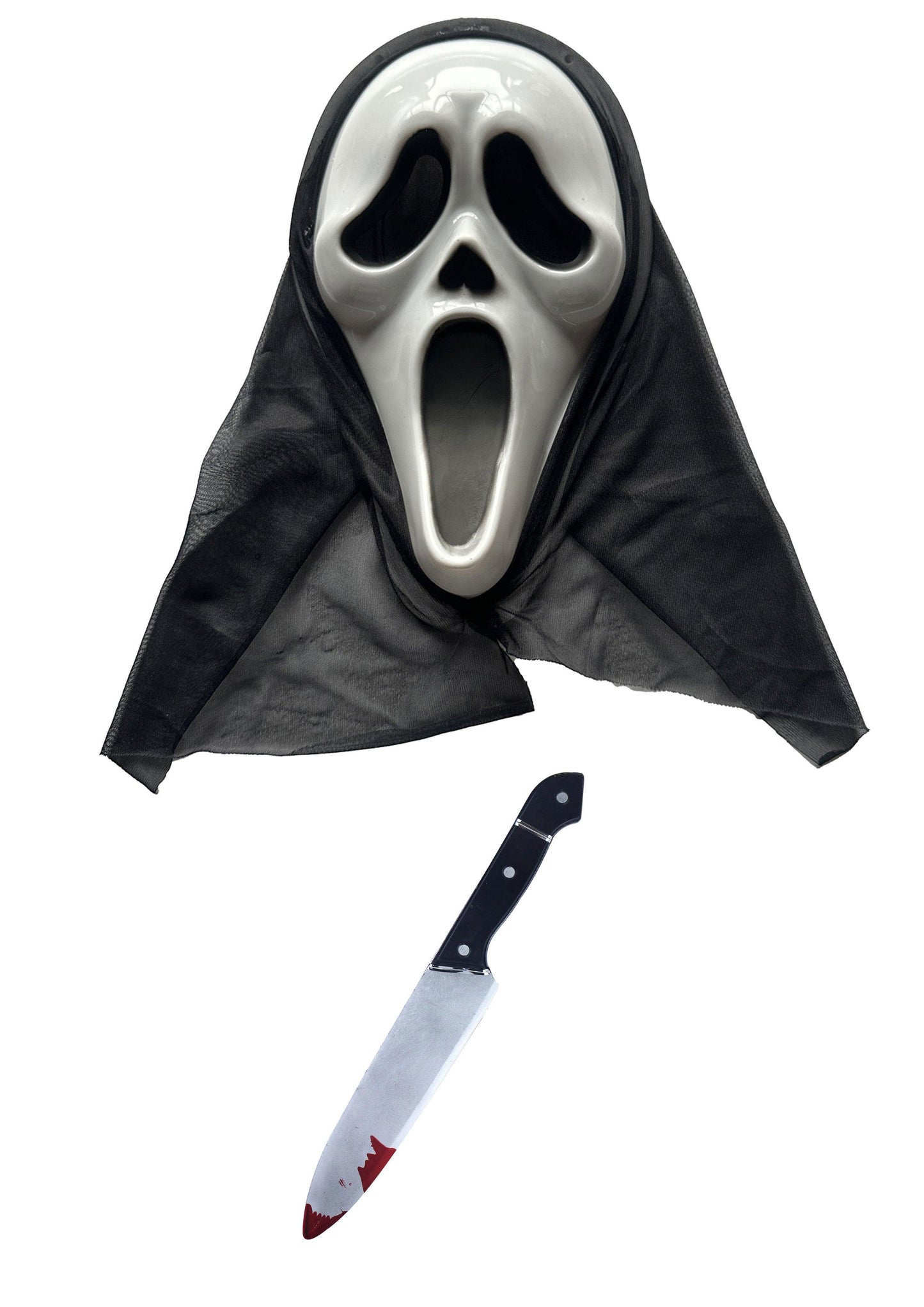Ghost Killer Mask with Hood, Scream Mask, and 31cm Fake Blooded Knife Prop - Halloween Horror Costume Set - Labreeze