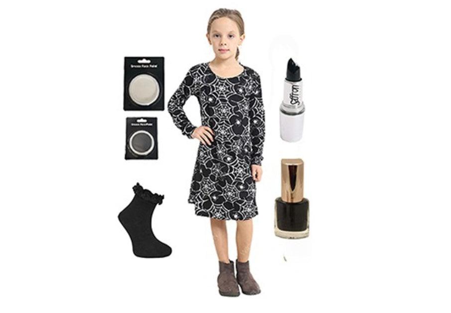 Girls Spooky Spiderweb Set Spider Print Swing Drees with Black Nail Polish Wig Lip Stick Face PAINT - Labreeze