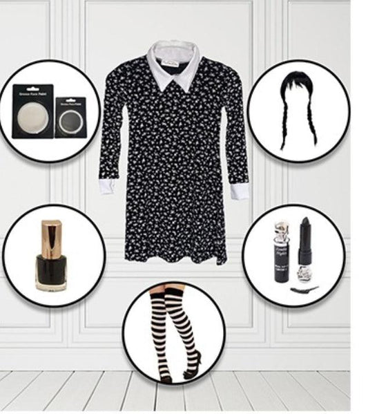 Gothic Girl Printed costumeCostume with Black Nail Polish Lip Stick Face Paint Wig Stripe - Labreeze