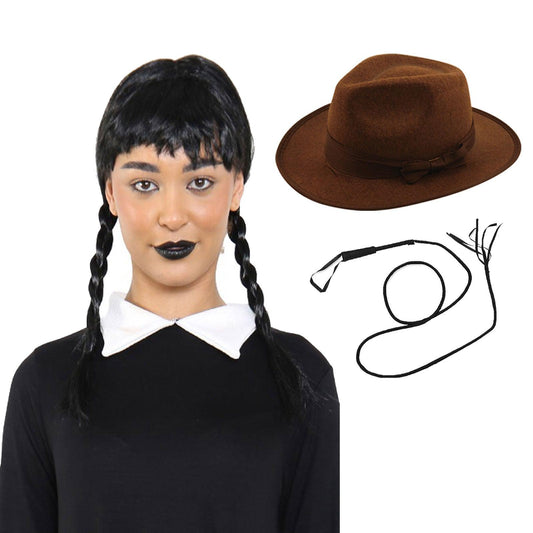 Gothic School Girl Wig Explorer Hat Bull Whip Adults Halloween Adventurer's Curse Fancy Dress Kit - Labreeze
