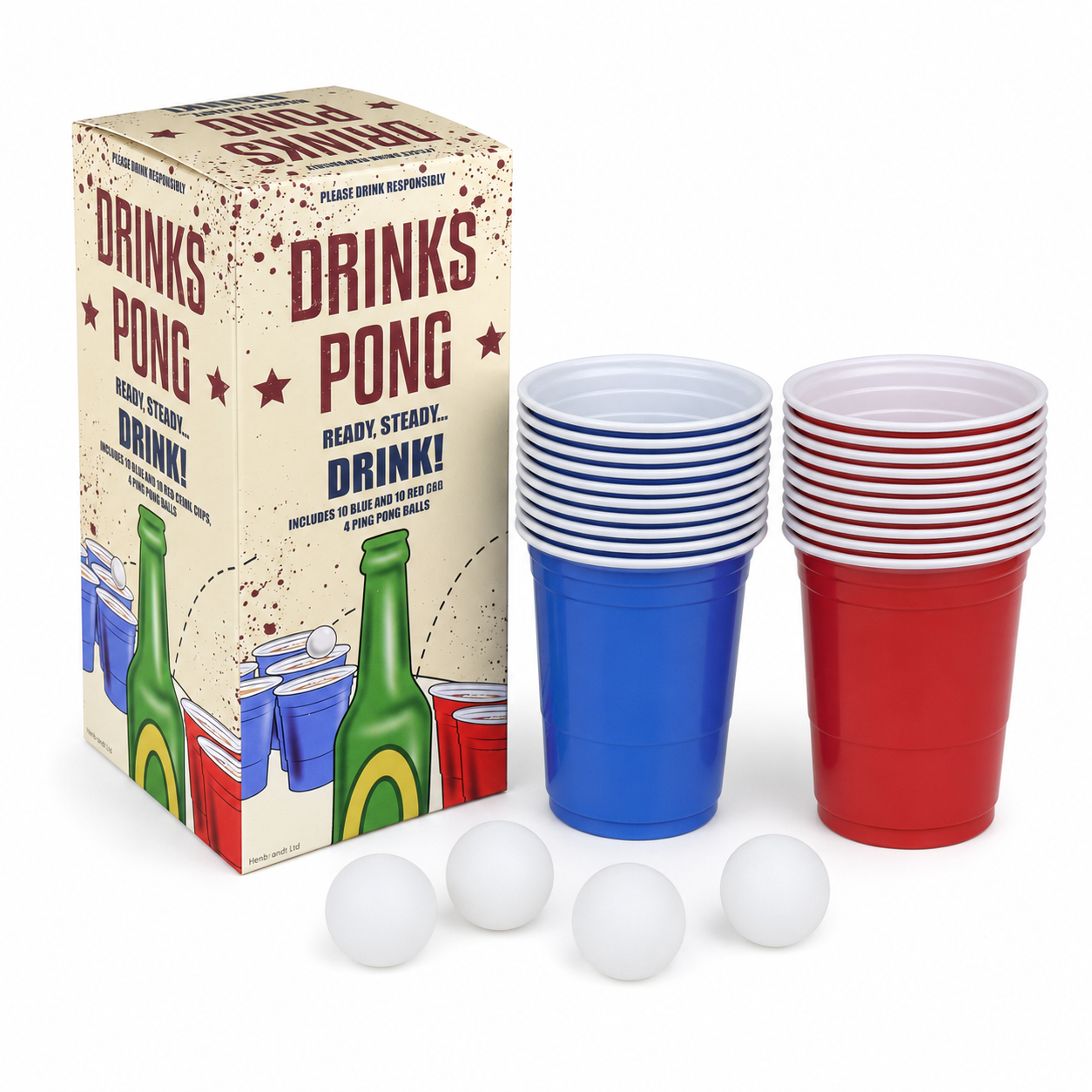 Henbrandt Drinks Pong set showing the box, 10 blue cups, 10 red cups and four ping pong balls