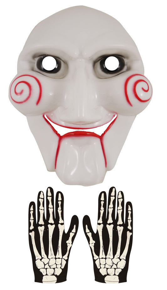 Horror Clown Costume Set: Puppet Scary Jigsaw Face Mask and Adults Skeleton Gloves - Labreeze