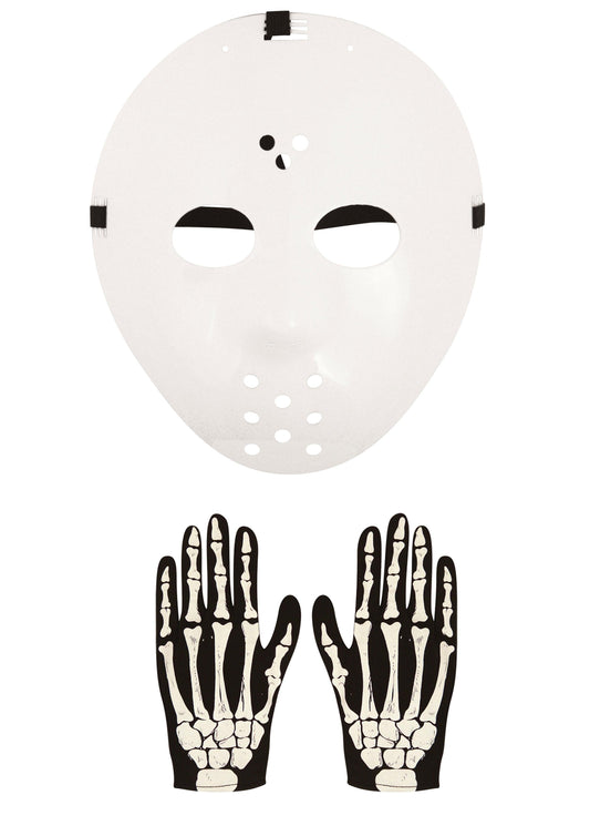Horror Style Costume Set: Hockey Face Mask and White Plastic Adults Skeleton Gloves - Labreeze