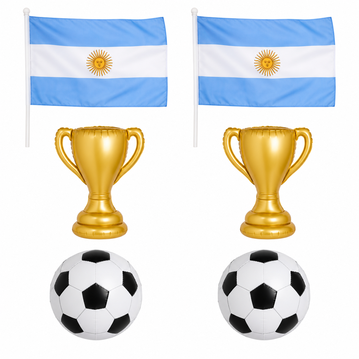 Argentina football supporter couples pack with two flags, two inflatable trophies and two inflatable footballs