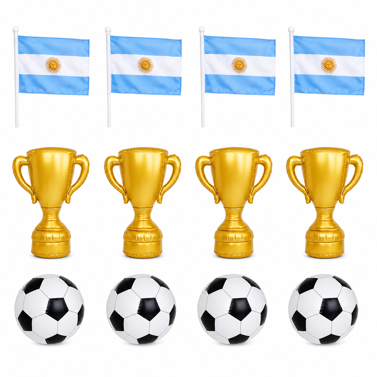 Argentina football supporter group pack with four flags, four inflatable trophies and four inflatable footballs