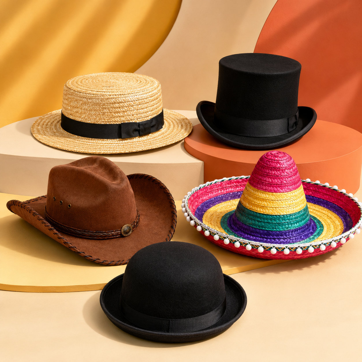 Fancy dress hats including boater, top hat, cowboy, sombrero and bowler