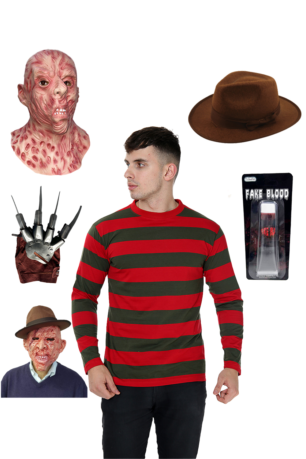 Nightmare Burn Man Costume Set – Hat, Mask, Claw, Fake Blood & Red and Green Stripe Knitted Jumper