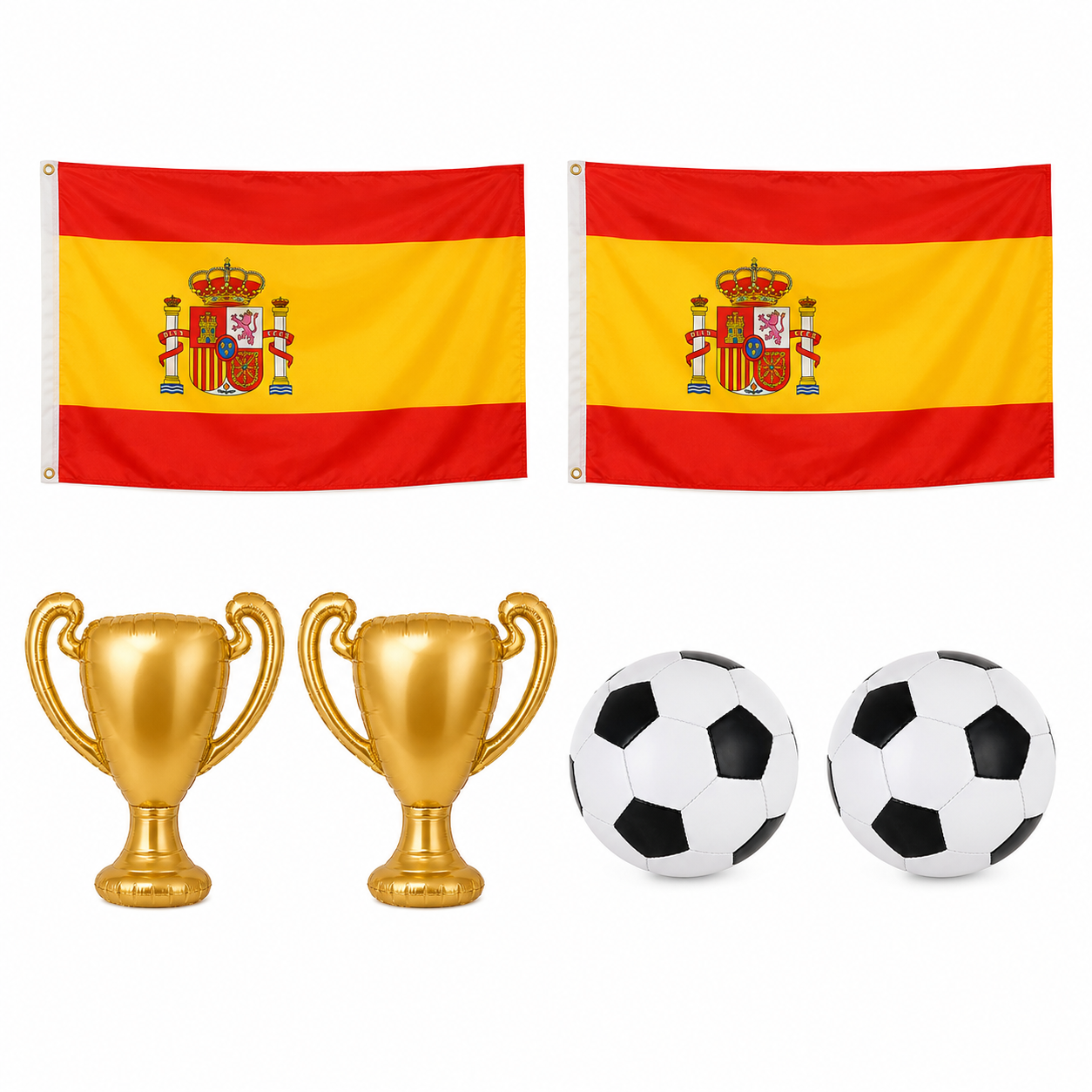 Spain football supporter couples pack with two flags, two inflatable trophies and two inflatable footballs