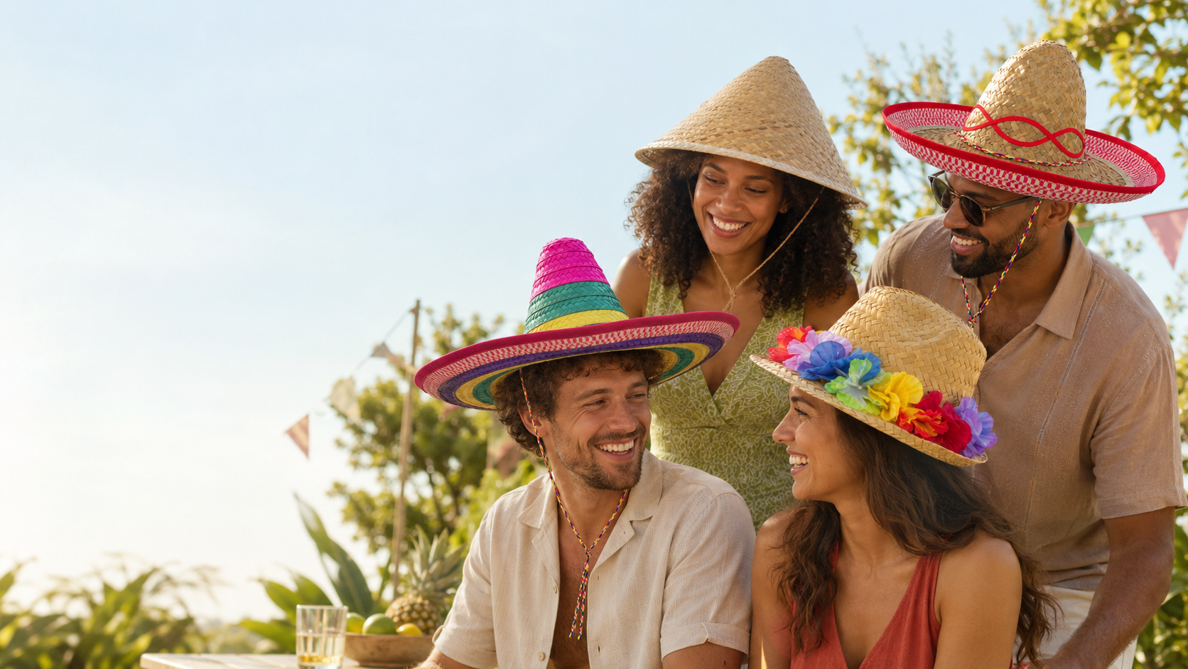 Adults wearing colourful straw hats at a summer garden party