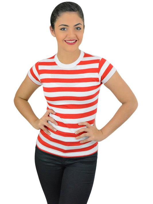 Ladies Geek Red & White Striped T-shirt Women’s Regular Tops Hen Night Tops - Labreeze
