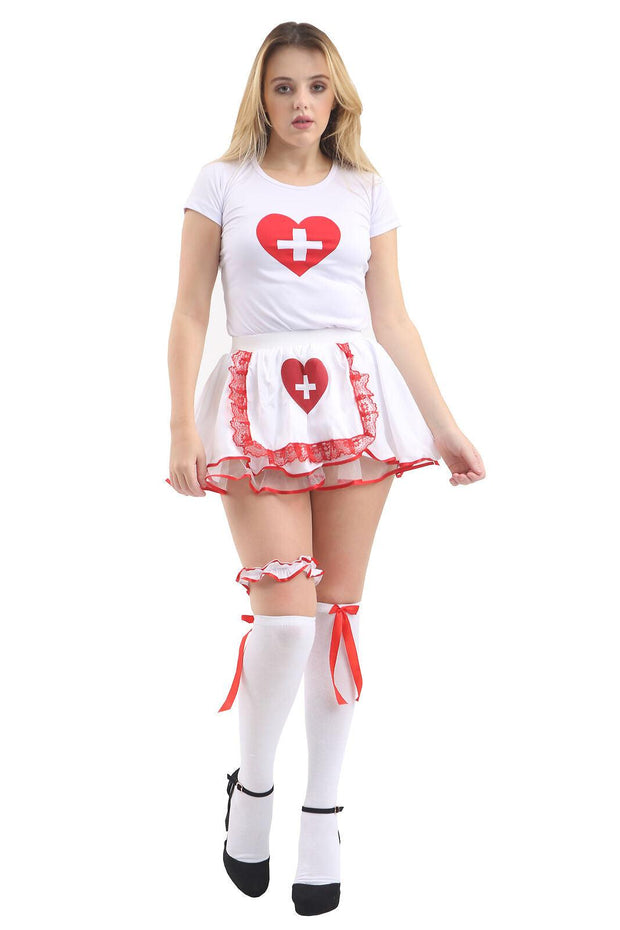 Ladies Nurse Red Cross Heart Printed T-shirt Short Sleeve White Healthcare Fancy Dress Top - Labreeze