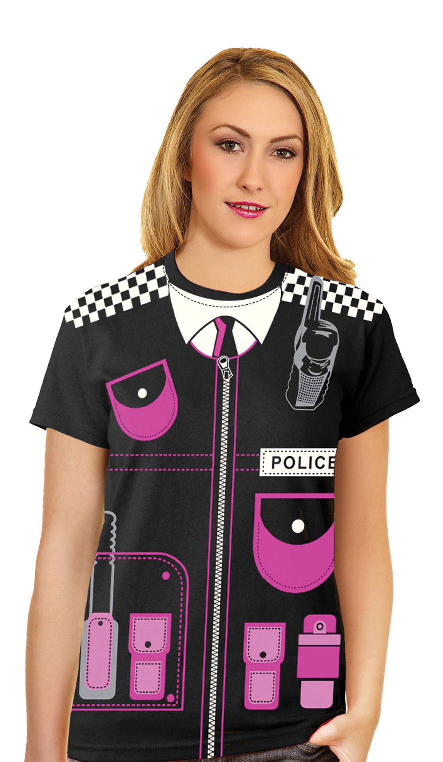 Ladies Police Printed T-shirt Pink Black Women Adults Cop Fancy Dress Top - Labreeze