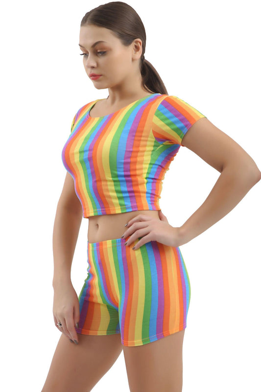 Ladies Rainbow Crop Top Short Sleeves Gay Pride Casual LGBTQ Fancy Dress Party Top - Labreeze