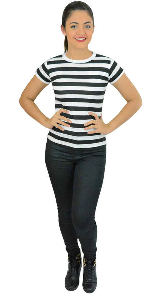 Ladies Women’s Black & White Striped T-shirt Short Sleeves Fancy Dress Top - Labreeze