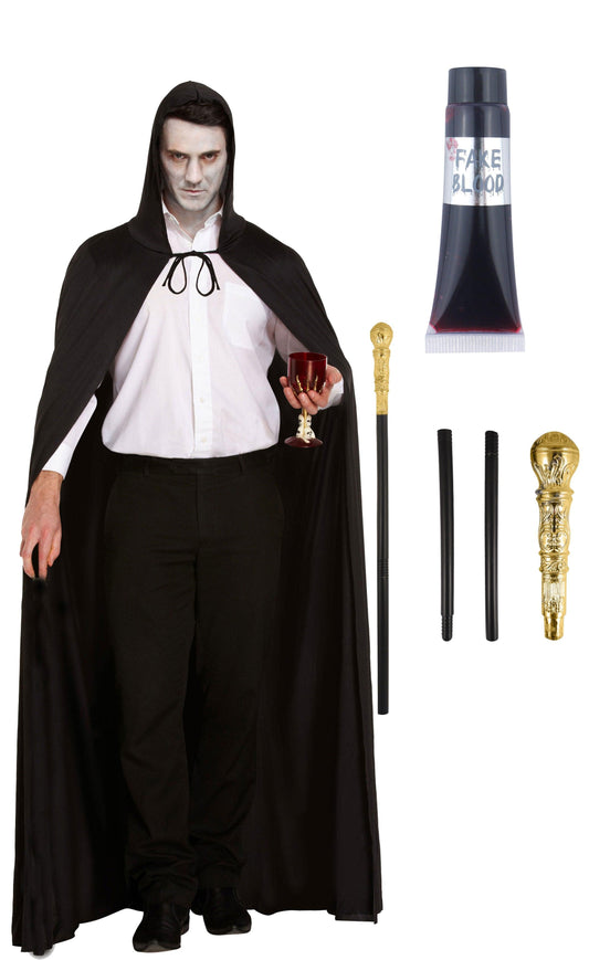 Long Black Cape with Hood, Gold Pimp Cane, and Fake Blood Tube Halloween Gothic Grim Reaper Fancy Dress Costume Set - Labreeze