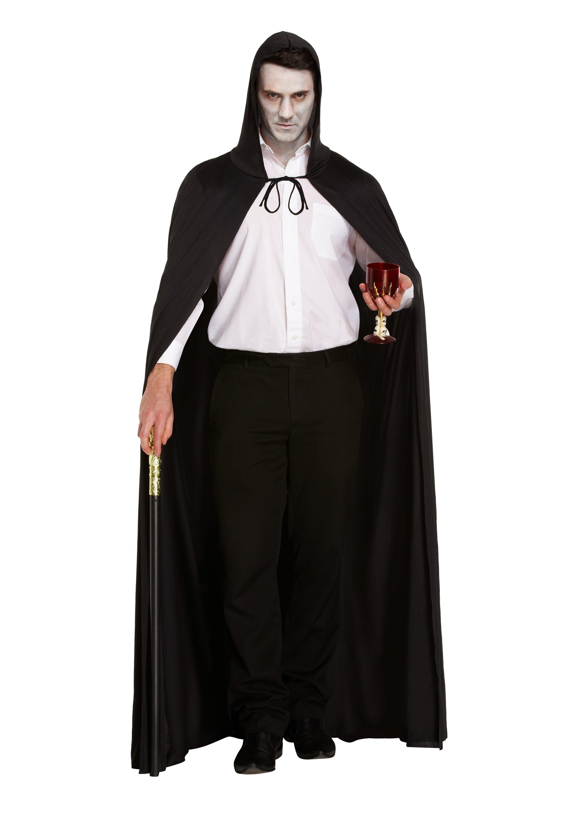 Long Black Cape with Hood, Gold Pimp Cane, and Fake Blood Tube Halloween Gothic Grim Reaper Fancy Dress Costume Set - Labreeze