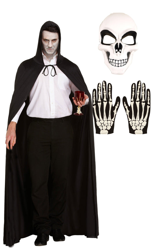 Long Black Cape with Hood, White Skeleton Face Mask, Bone Print Gloves - Halloween Scary Day of the Dead Fancy Dress Set" - Labreeze