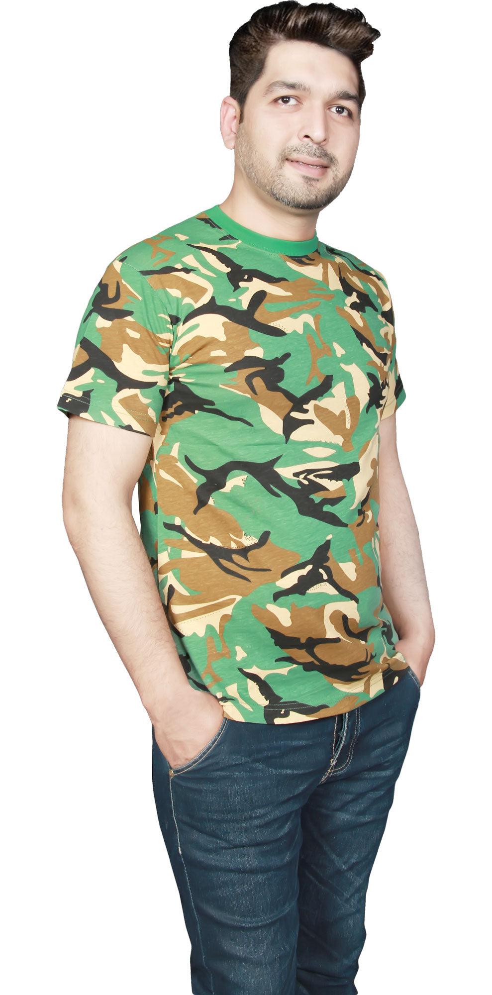 Men Green Crew Neck Short Sleeve Camouflage Army T-Shirt Armed Forces Cotton Casual Top - Labreeze