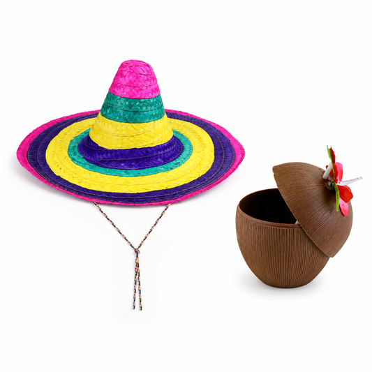Multicoloured straw sombrero and coconut cup set