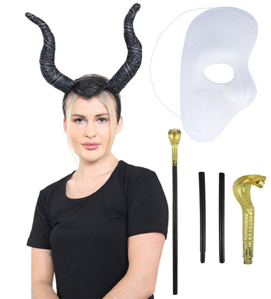 Mystic Fairytale Witch Horns Headband, Snake Cane Stick & White Half Face Mask Halloween Costume Set - Labreeze