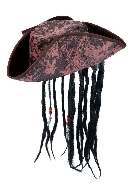 New Adult Brown Caribbean Pirate Hat with Hair & Beads Fancy Dress - Labreeze