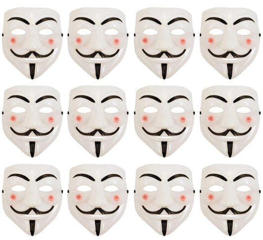 Pack of 12 V for Vendetta Face Mask White Plastic Purge Anonymous Ghost Halloween Scary Fancy Dress Costume Accessory - Labreeze