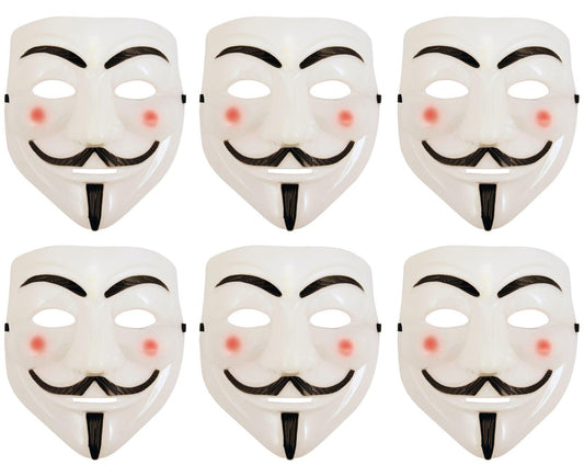 Pack of 6 White Plastic V for Vendetta Face Mask Purge Anonymous Ghost Halloween Fancy Dress Party Costume Accessory - Labreeze
