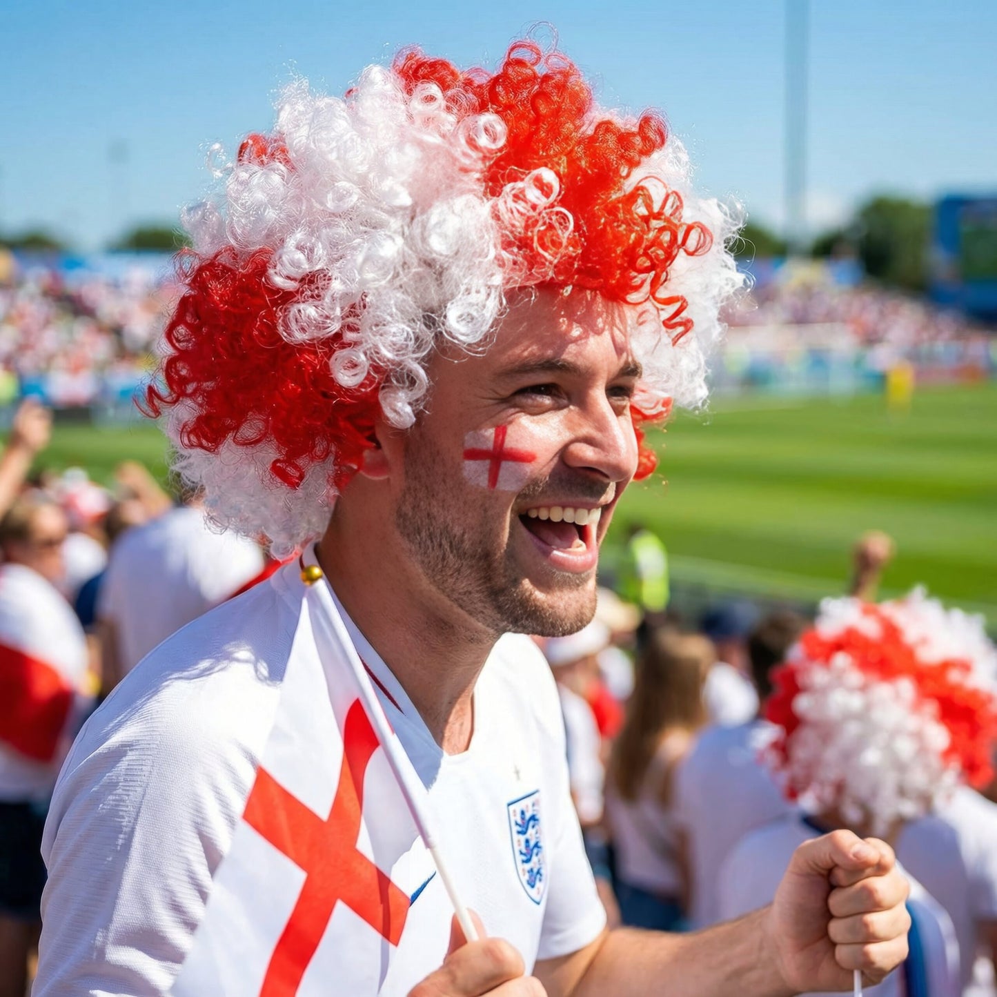 England St George's Cross afro wig worn - side view