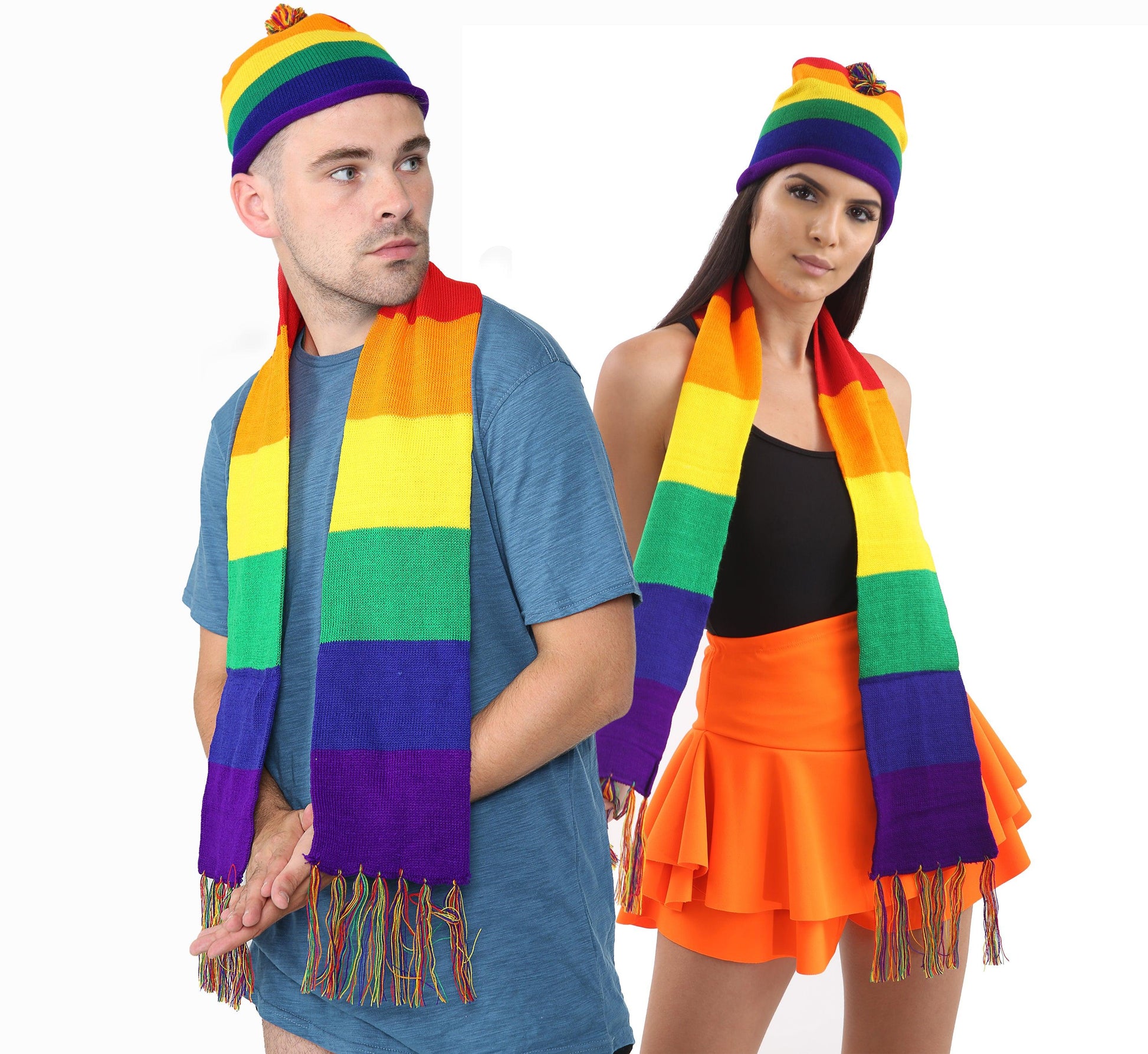 Rainbow Striped Scarf with Knitted Hat Gay Pride LGBTQ Fancy Dress Party 2 Pcs Set - Labreeze