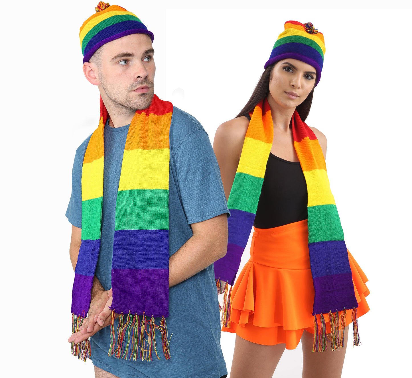 Rainbow Striped Scarf with Knitted Hat Gay Pride LGBTQ Fancy Dress Party 2 Pcs Set - Labreeze