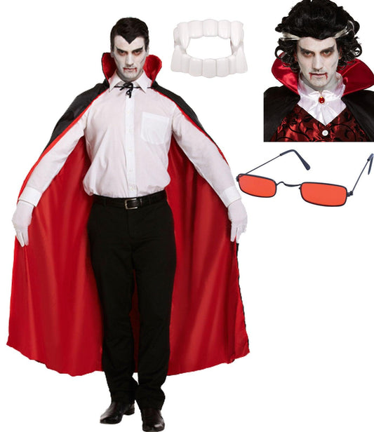 Reversible Cape Dracula Glasses Vampire Wig White Fangs Halloween Vampire Dracula Fancy Dress Costume - Labreeze