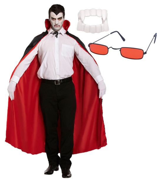 Reversible Cape Dracula Glasses White Fanged Teeth Halloween Scary Dracula Fancy Dress Costume Set - Labreeze
