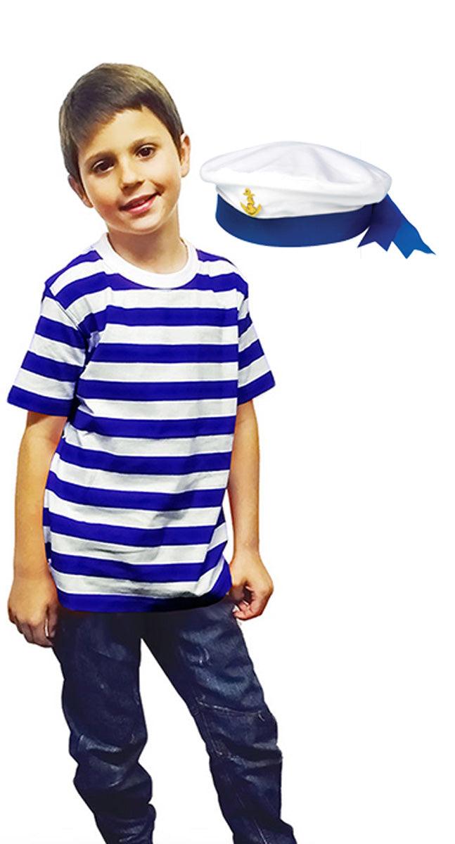 Sailor Boy Naval Officer Sea Sailor Uniform T-Shirt with Blue Ribbon Hat Marine Navy Fancy Dress - Labreeze