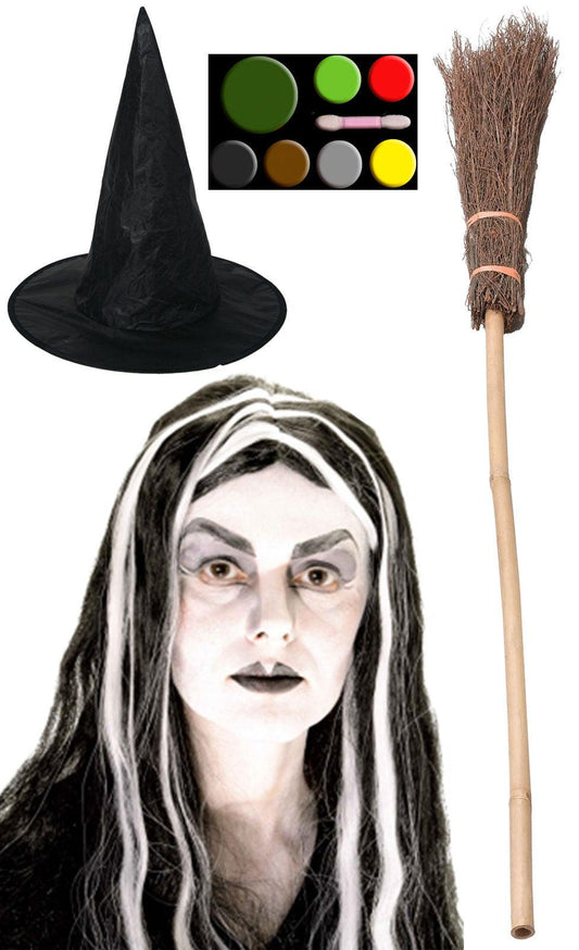 Scary Witch Fancy Dress Costume Set - Witch Hat Mortisha Wig Broom Stick Makeup Palette - Labreeze