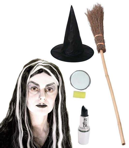 Scary Witch Fancy Dress Costume Set - Witch Hat, Wig, Broom Stick, Face Paint, Lipstick - Labreeze