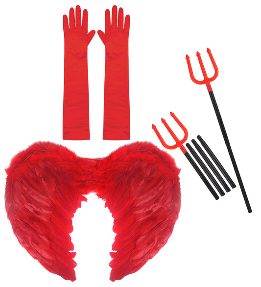 Seductive Devil Costume Set: Red Feather Wings, Long Satin Gloves, Plastic Fork - 3-Piece Ensemble - Labreeze