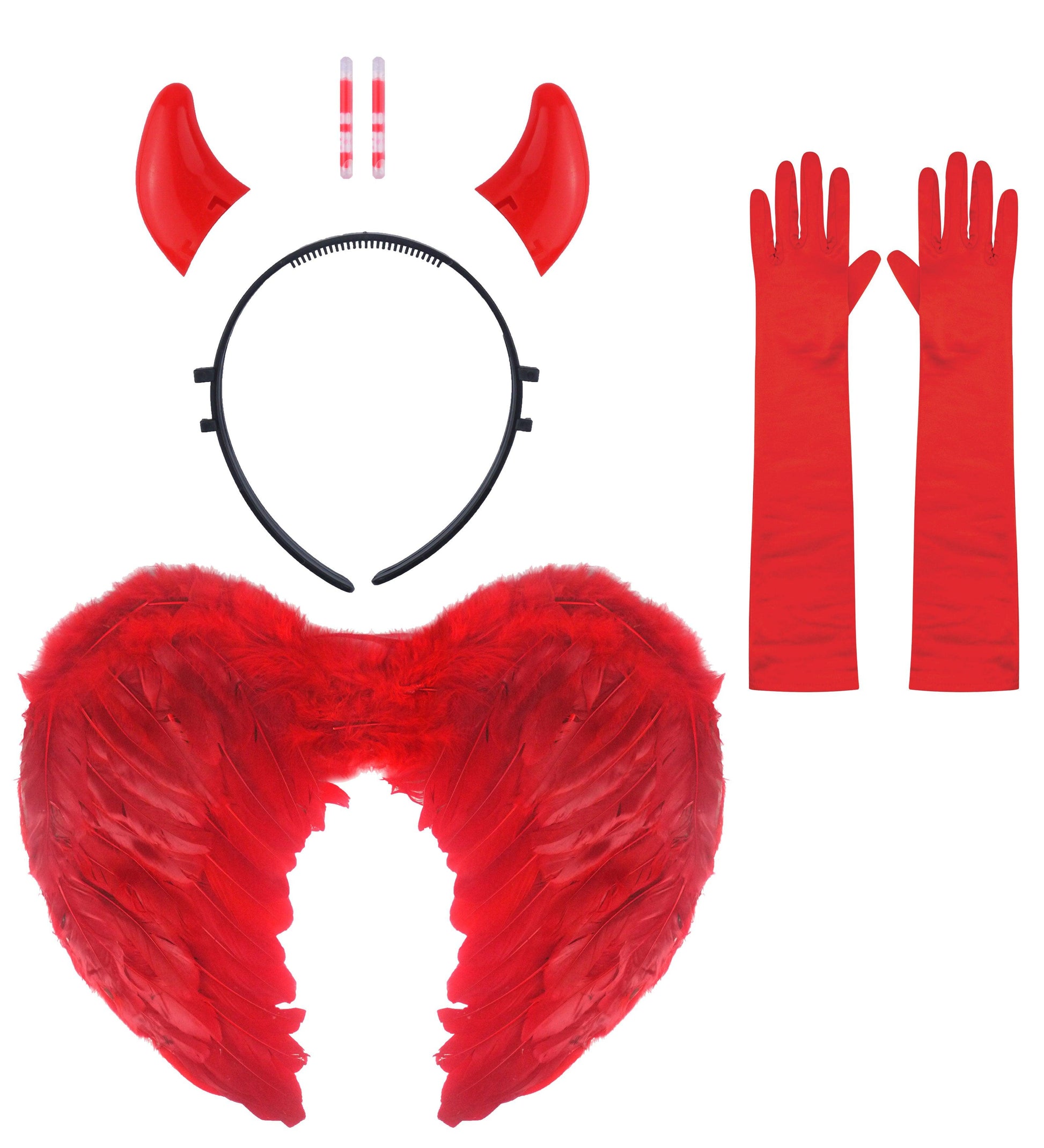Sinister Devil Costume Set: Red Feather Wings, Glow in the Dark Devil Horns, and Long Satin Gloves - Labreeze