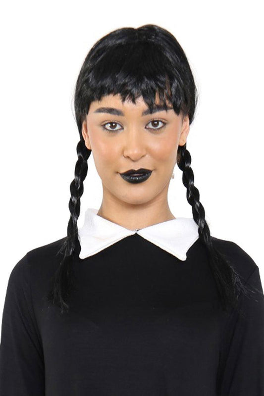 Spooky Gothic Family Long Black Hair Wig Halloween School Girl Fancy Dress Costume Accessory - Labreeze