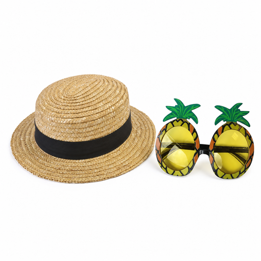 Straw boater hat and exact pineapple novelty glasses summer party set