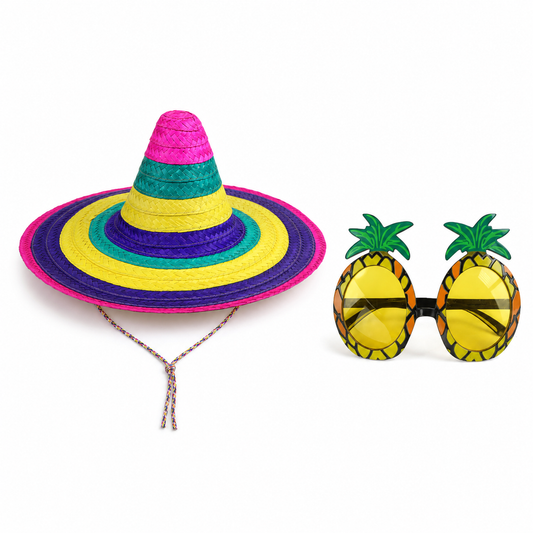 Multicoloured straw sombrero and exact pineapple novelty glasses fiesta set