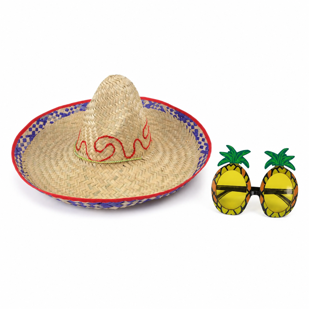 Embroidered straw sombrero and exact pineapple novelty glasses fiesta set
