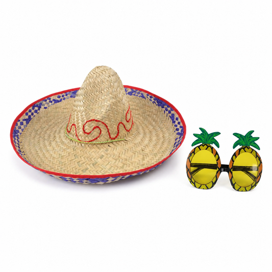 Embroidered straw sombrero and exact pineapple novelty glasses fiesta set